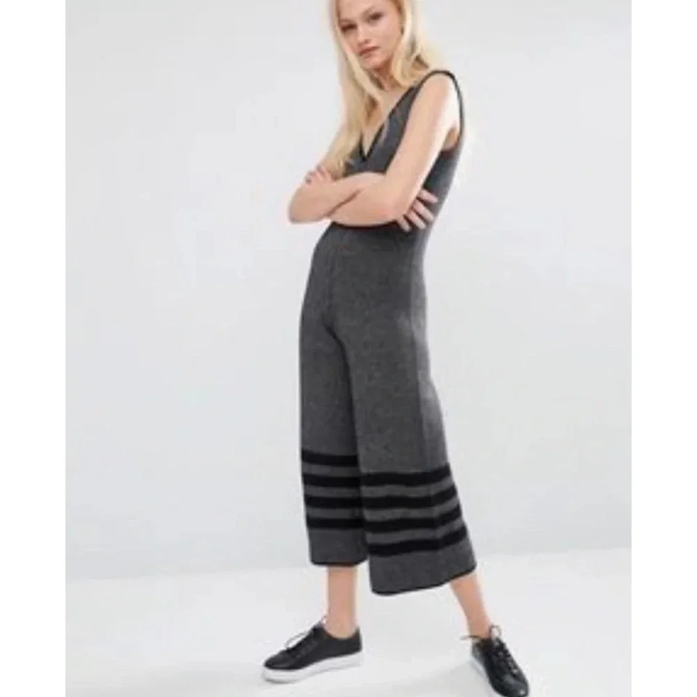 Native Youth Retrograde Wide Leg Culotte Jumpsuit Grey/Black Size S Boho Artsy